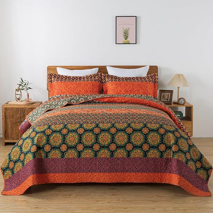 HoneiLife Quilt Sets Queen Size - 3 Pieces Microfiber Quilt Lightweight Bedspreads Wildflower Coverlets Retro Bed Cover Queen Quilt Bedding Set All Season Quilts-Pumpkin