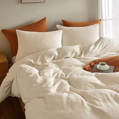 SE SOFTEXLY Muslin Duvet Cover King Size, 100% Washed Cotton Duvet Cover Set, Ultra Soft Comforter Cover Linen Like, 3 Pieces Minimalist Gauze Duvet Cover with 2 Pillowcases, 90"x104", Off-White