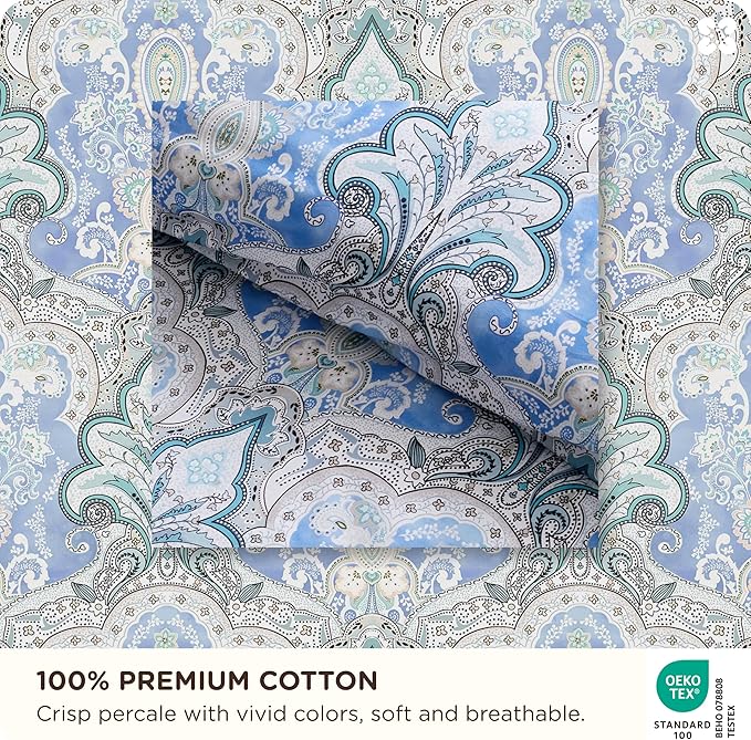 Bedsure Duvet Cover Queen Size - 100% Cotton Reversible Classic Paisley Damask Pattern Duvet Cover Set, 3 Pieces Soft & Breathable PureWoven Bedding Set with 2 Pillow Shams (Blue Paisley 90"x90")