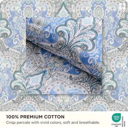 Bedsure Duvet Cover Queen Size - 100% Cotton Reversible Classic Paisley Damask Pattern Duvet Cover Set, 3 Pieces Soft & Breathable PureWoven Bedding Set with 2 Pillow Shams (Blue Paisley 90"x90")