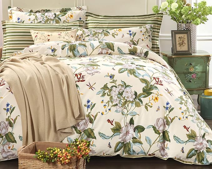 FADFAY Floral Duvet Cover Set 100% Cotton Green Striped and Beige Bedding White Flower Branches Print 600 TC Soft Reversible Zipper Bed Cover & 2 Pillowcases,King/Cal King(106x92)