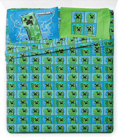 Jay Franco Kids Comforter Set Includes Sheets and Pillow Covers - Soft and Cozy Bed Set for Stylish Room Decor, Green - Minecraft Creeper, 7 Piece Queen Size Bedding