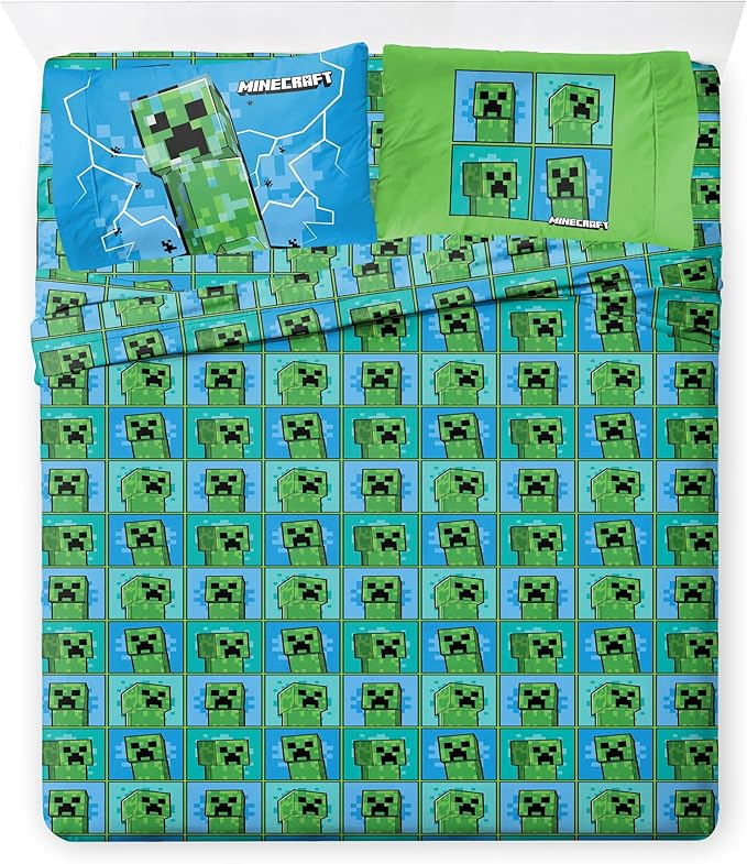 Jay Franco Kids Comforter Set Includes Sheets and Pillow Covers - Soft and Cozy Bed Set for Stylish Room Decor, Green - Minecraft Creeper, 7 Piece Full Size Bedding