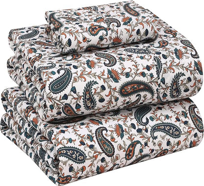 RUVANTI 100% Cotton Sheets – Twin XL Size Percale Bedding, Cooling & Breathable Floral Design, Durable with a Crisp, Soft & Comfortable Feel, 16" Deep Pocket, 3-Piece Set, Teal Paisley