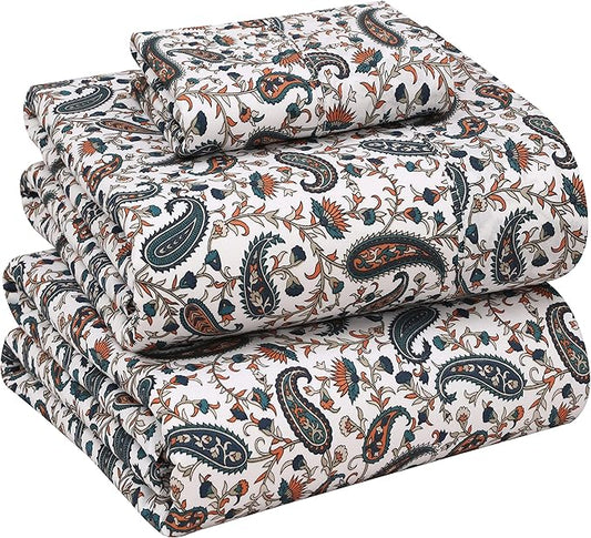RUVANTI 100% Cotton Sheets – Twin XL Size Percale Bedding, Cooling & Breathable Floral Design, Durable with a Crisp, Soft & Comfortable Feel, 16" Deep Pocket, 3-Piece Set, Teal Paisley