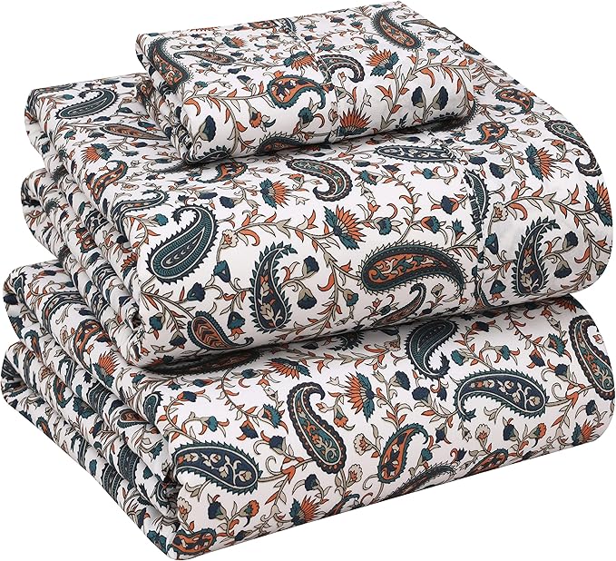 RUVANTI 100% Cotton Sheets – Twin Size Percale Bedding, Cooling & Breathable Floral Design, Durable with a Crisp, Soft & Comfortable Feel, 16" Deep Pocket, 3-Piece Set, Teal Paisley