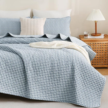 TOCOMOA Blue Gingham Quilt Bedding Set 100% Washed Cotton Bedspread Coverlet Like Linen Feel Soft Comfy Breathable 3 Piece Plaid Checkered Lightweight Comforter Set for All Season, Queen 96"x90"