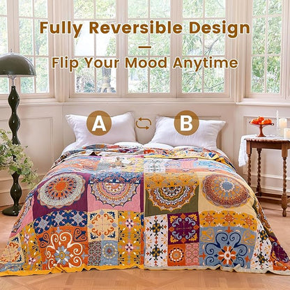 MSGKV Boho Throw Blanket for Bed 90"x90" 100% Cotton Blanket Spring Breathable Lightweight Queen Size Blankets Home Decor Muslin All Seasons
