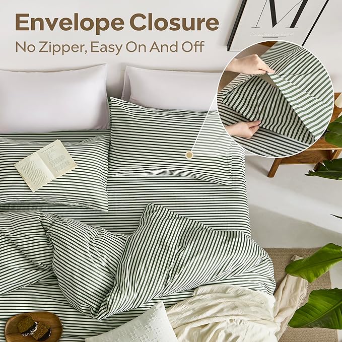 JELLYMONI 100% Natural Cotton 3pcs Striped Duvet Cover Sets,White Duvet Cover with Green Stripes Pattern Printed Comforter Cover,with Zipper Closure & Corner Ties(Full Size)