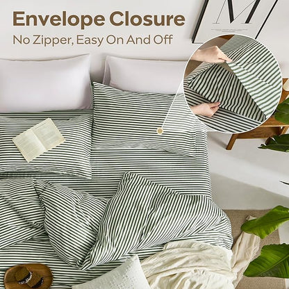 JELLYMONI 100% Natural Cotton Striped Duvet Cover Sets,White Duvet Cover with Green Stripes Pattern Printed Comforter Cover,with Zipper Closure & Corner Ties(Twin 66×92 Inch)