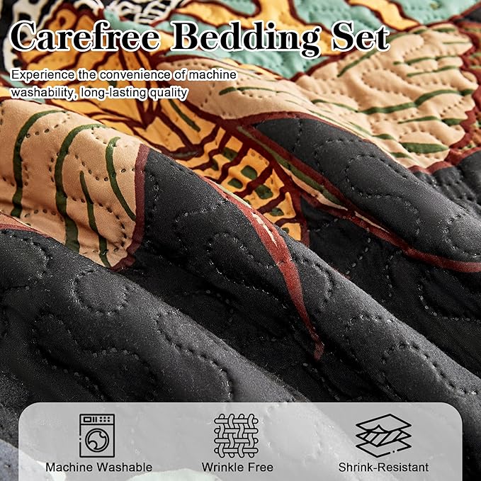3 Piece Black Boho Floral King Size Quilt Sets Reversible Farmhouse Botanical Lightweight Bedspread Coverlet with 2 Shams Butterfly Microfiber Bedding Quilts Set for All Season, 106''x96''