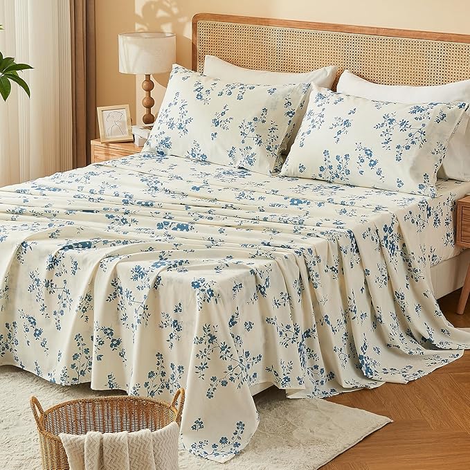 Bedlifes 100% French Linen Sheets Queen Size – Floral Printed, Botanical Pattern Breathable Cooling Sheet Set, 16" Deep Pocket, 4-Piece (Queen, Floral Blue)