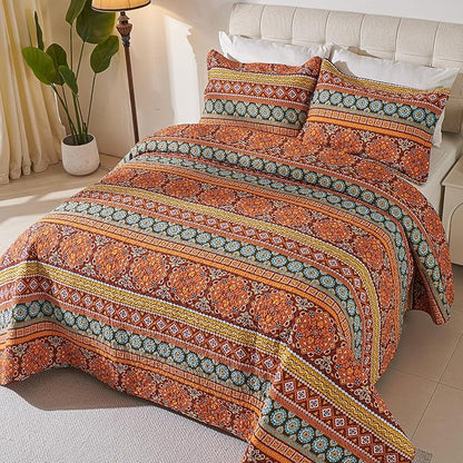 Cmfshape Orange Quilt Sets Bedspread Set 100% Cotton Boho Bedding Set, All Season Use Lightweight Reversible Coverlet Quilts with 1 Pillow Shams(Twin 68"x86")