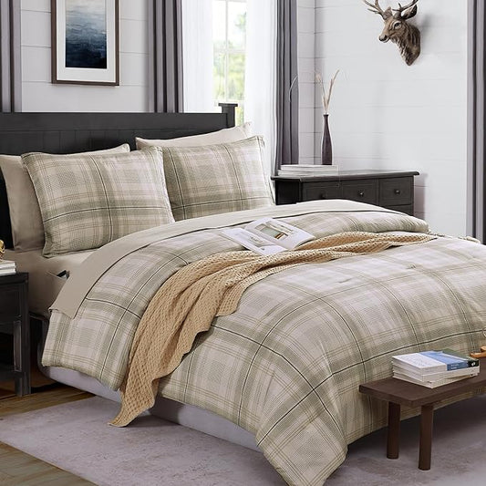 MaiRêve Plaid Twin XL Comforter Set, Khaki Green Grid Bedding Set for Boys & Girls, Classic Checkered Bed in A Bag Comforter Sets with Fitted & Flat Sheet, Pillowcase & Sham 66"x90"