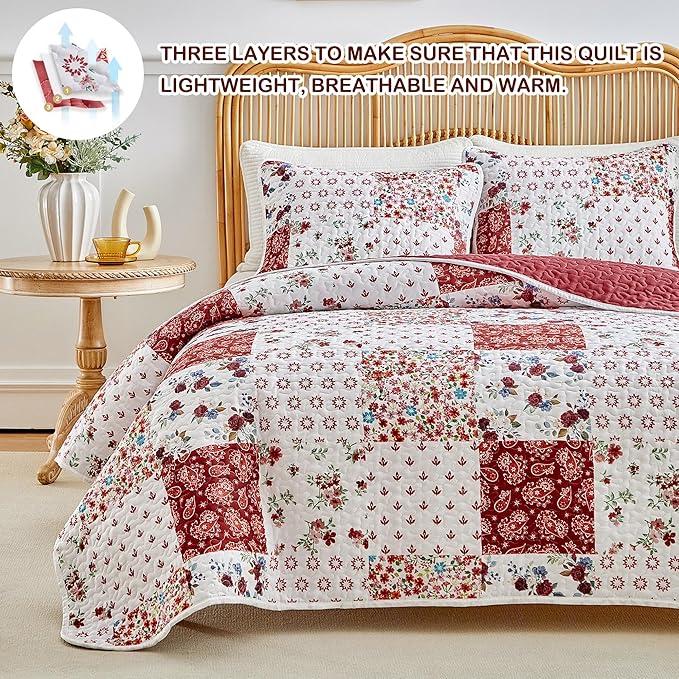 Joyreap 3 Pieces Quilt Set California King, 102x114 inches- Floral Patchwork Burgundy Red n White Flowers Design, Smooth Soft Microfiber Quilt, Bedspread Bed Cover for All Season