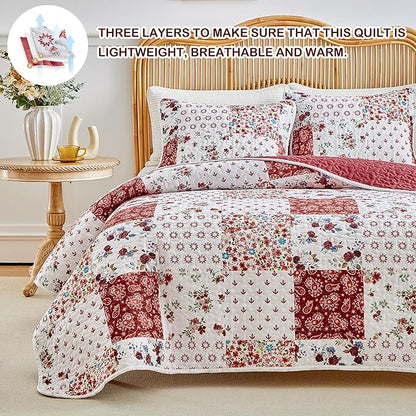 Joyreap 3 Pieces Quilt Set California King, 102x114 inches- Floral Patchwork Burgundy Red n White Flowers Design, Smooth Soft Microfiber Quilt, Bedspread Bed Cover for All Season