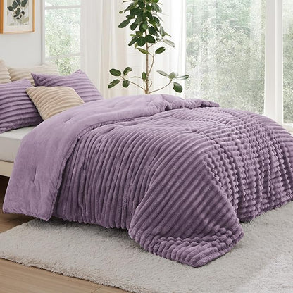 Bedsure King Comforter - GentleSoft™ 3 Pieces Double-Side Fleece Fluffy Lavender Comforter Set, Cozy Striped Room Decor Aesthetic, Luxury King Size Bedding with 2 Pillowcases, 104x90 Inches