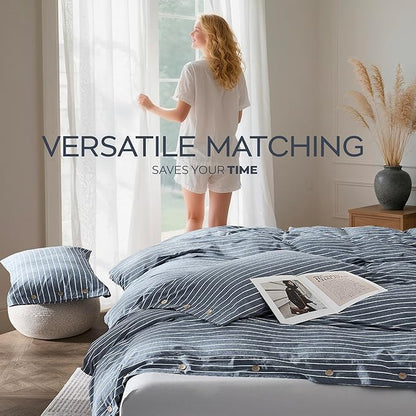 JELLYMONI Cotton Duvet Cover Twin Size - Blue Pinstriped Comforter Cover with Button 100% Washed Cotton 2PCS Breathable Soft Solid Bedding Set Duvet Cover 68×90in & 1 Pillowcase (NO Comforter)