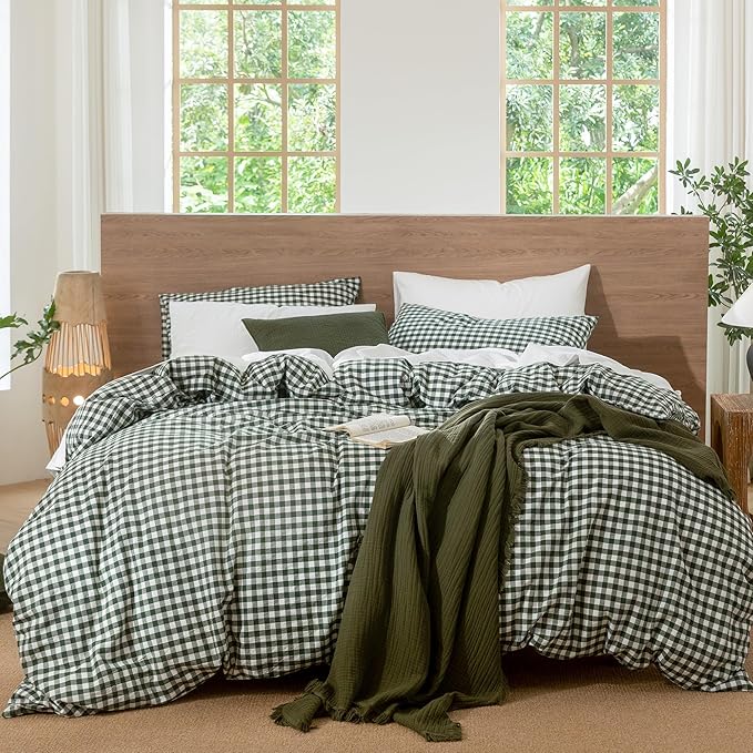 MooMee Gingham Duvet Cover Set 100% Washed Cotton Linen Like Textured Breathable Durable Soft Comfy Modern Checkered Design (Forest Green Gingham, Super Queen 90"x98")