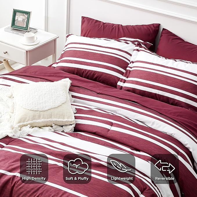 Bedsure Queen Comforter Set 7 Pieces, Burgundy Striped Bedding Set for All Seasons, Reversible, Cationic Dyeing Bed in a Bag with Comforter, Sheets, Pillowcases & Shams