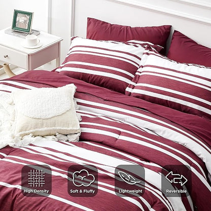 Bedsure Queen Comforter Set 7 Pieces, Burgundy Striped Bedding Set for All Seasons, Reversible, Cationic Dyeing Bed in a Bag with Comforter, Sheets, Pillowcases & Shams