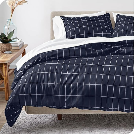 Bare Home Bedding Duvet Cover Extra Long Size - Premium 1800 Super Soft Collection - Lightweight - Soft Textured Bedding (Twin/Twin XL, Grid - Midnight Blue/White)