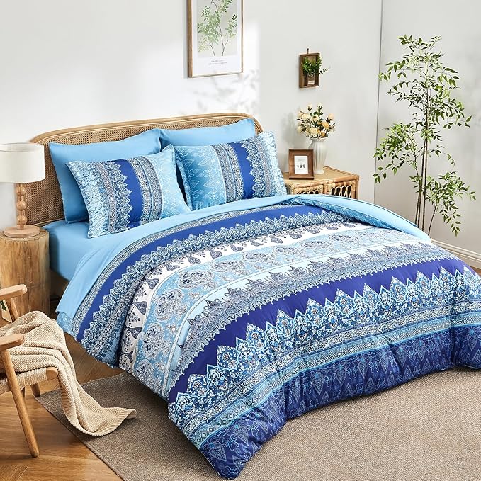 Boho King Size Comforter Set Blue - 7 Pieces Floral Striped Comforter Set with Sheets, Soft Microfiber Bohemian Complete Bedding Sets for All Season (Blue,King)