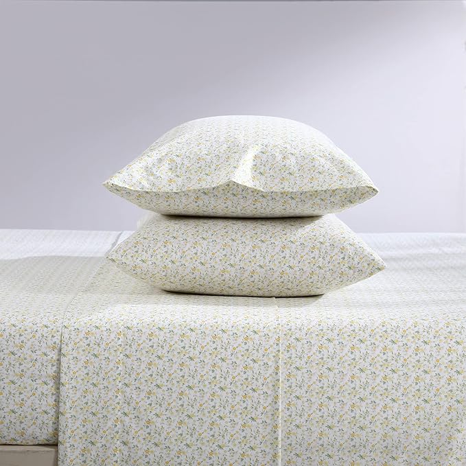 Laura Ashley - Twin Sheets, Cotton Percale Bedding Set, Lightweight & Breathable Home Decor, Dorm Room Essentials (Evie Yellow, Twin)