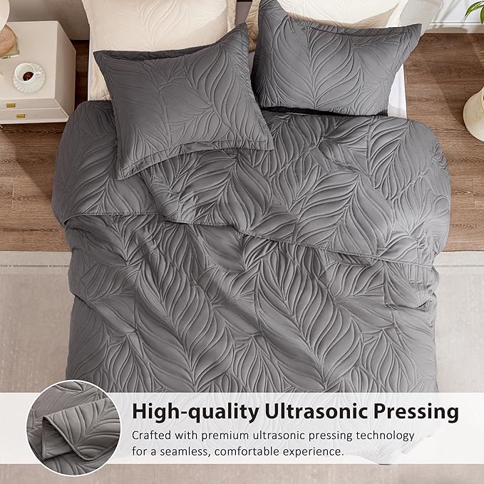 EXQ Home Quilt Set Full Queen Size Grey 3 Piece,Lightweight Soft Coverlet Modern Style Leaf Pattern Bedspread Set(1 Quilt,2 Pillow Shams)
