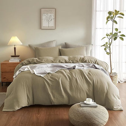 SE SOFTEXLY Muslin Duvet Cover King Size, 100% Washed Cotton Duvet Cover Set, Ultra Soft Comforter Cover Linen Like, 3 Pieces Minimalist Gauze Duvet Cover with 2 Pillowcases, 90"x104", Oatmeal