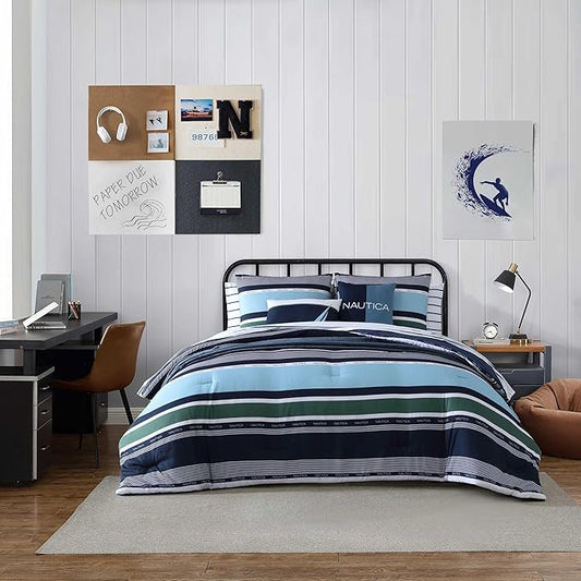 Nautica - King Comforter Set, Soft Woven Bedding with a Lightweight for Year Round Comfort, 5 Piece Bed Set with Matching Pillowcases & Bonus Throw Pillows (Elliot Blue)