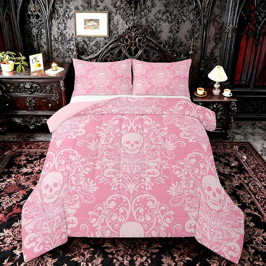 Feelyou Adults Gothic Skull Bedding Set Twin Size Kids Damask Print Comforter Goth Bohemian Duvet Breathable Soft Lightweight Microfiber Pink White Room Decor with 1 Pillowcase