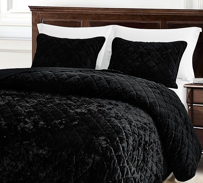 Chezmoi Collection Lux Black Velvet Quilt King Set, 3-Piece Lush Plush Distressed Velvet Bedding All Season Lightweight Comforter Brushed Microfiber Reverse with Diamond Stitch Quilting