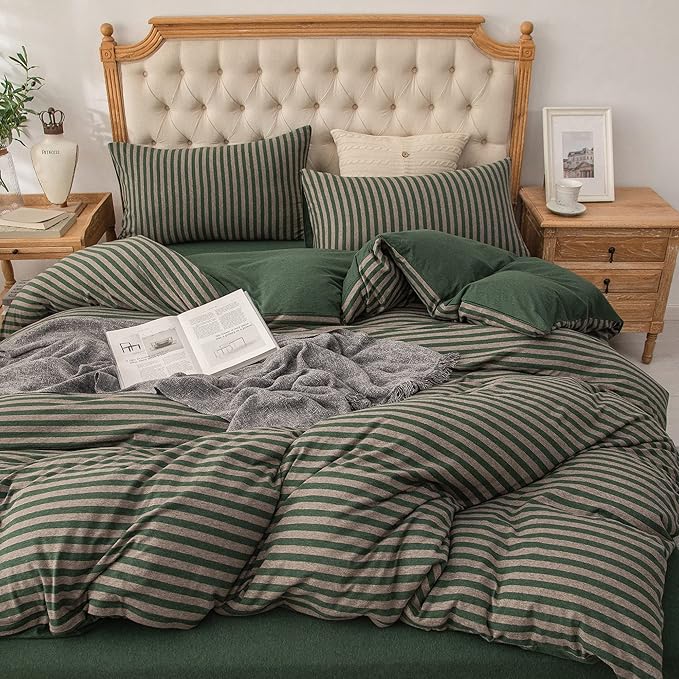 PURE ERA Jersey Knit Duvet Cover Set 100% T-Shirt Heather Cotton Super Soft Comfy Classic Striped Design, with Zipper Closure, Forest Green Stripe, Cal King