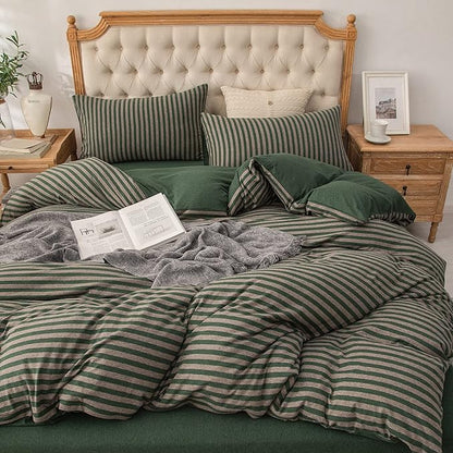 PURE ERA Forest Green Stripe Jersey Duvet Cover Set King Size 100% T-Shirt Heather Cotton Super Soft Comfy Classic Striped Design, with Zipper Closure