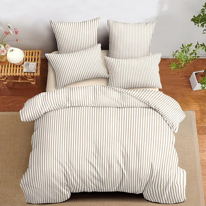 Nayoroom Tan Striped Duvet Cover Queen Size Light Brown Stripe Duvet Cover Dorm Bedding Set 3 Pieces Soft Lightweight Washed Microfiber Farmhouse Bedding Set Gifts for Women Men