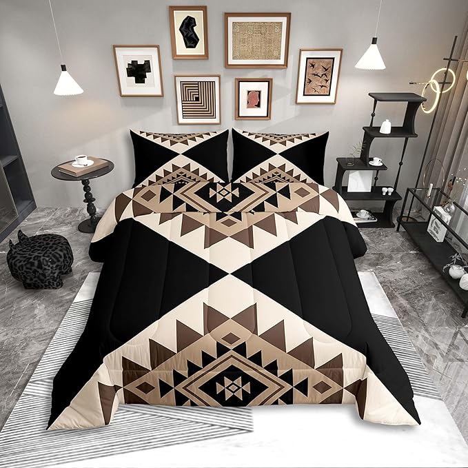 Erosebridal Black Beige Abstract Bedding Set Full Size Modern Boho Western Aztec Comforter Set for Adult Women Men Geometric Stripes Bed Sets Minimalist Stylish Art Southwestern Quilt Sets