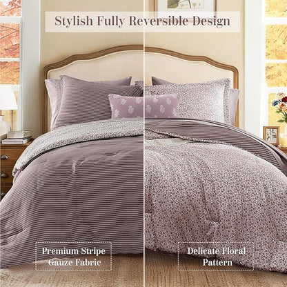 King Comforter Set - 7 Pieces Deep Purple Gauze Muslin Bedding Sets for All Seasons, Lightweight Breathable Bed in a Bag King with Revesible Farmhouse Comforter, Sheets, Pillowcases & Shams