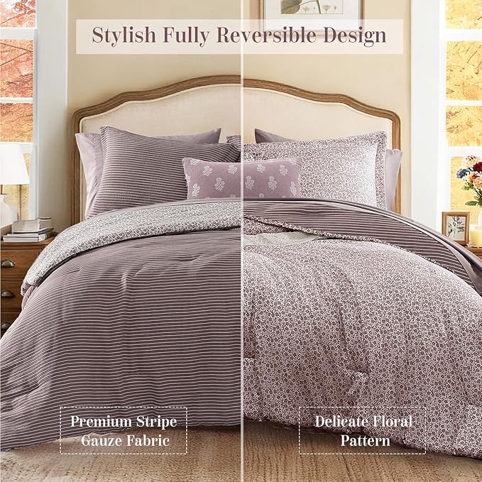 Queen Comforter Set - 7 Pieces Deep Purple Gauze Muslin Bedding Sets for All Seasons, Lightweight Breathable Bed in a Bag Queen with Revesible Farmhouse Comforter, Sheets, Pillowcases & Shams