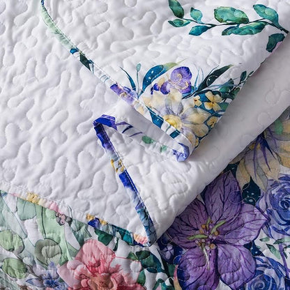 Travan King Quilt Set 3-Piece Bedspread Quilted Oversized Lightweight Microfiber Coverlet Set with Shams Violet Purple Floral Pattern Quilted Bedding Set for All Season, King
