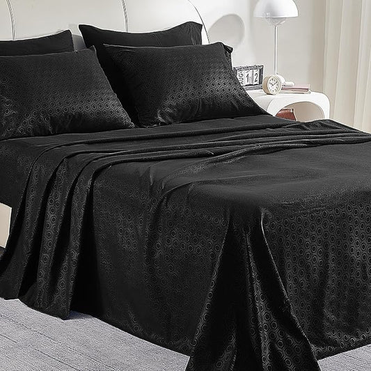 SLEEP ZONE Luxury Embossed Sheets Set Full Size, Black Honeycomb Pattern Sheet & Pillowcase Sets 4 Piece - Super Soft, Wrinkle Free, Fade Resistant, Deep Pocket 16" (Black, Full)