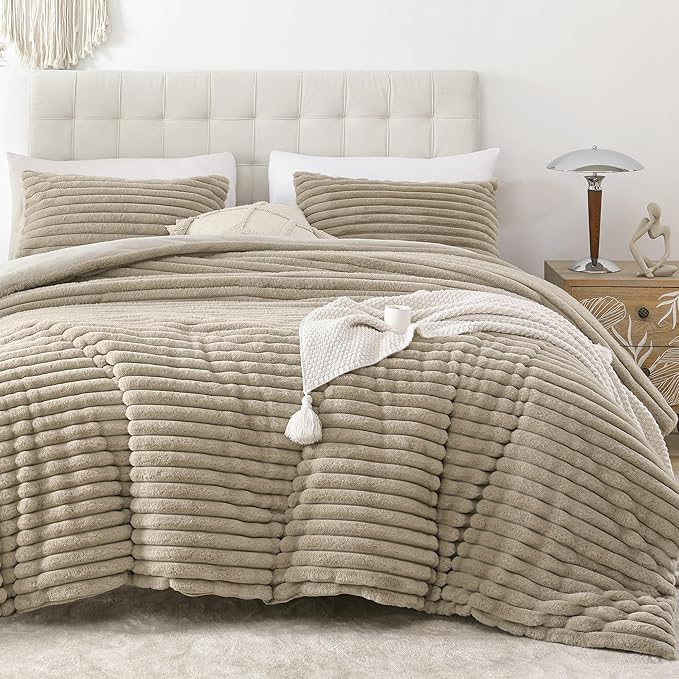 Smoofy Fluffy Full Size Comforter Sets 3 Pieces - Linen Fleece Fluffy Comforter Set, Luxury Fuzzy Full Bedding Set, Soft Comforter Full Size All Season, Heavy Faux Fur Comforter with 2 Pillow Cases