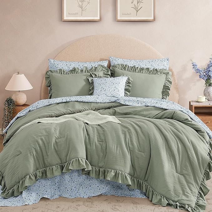Twin XL Comforter Set - 5 Pieces Ruffle Sage Green Bedding Sets, Shabby Chic Farmhouse Bed in a Bag Twin XL with Ruffle Comforter, Floral Sheets, Pillowcases & Shams