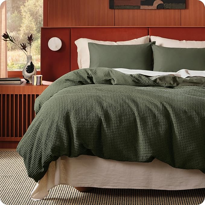 Bedsure Cotton Duvet Cover King Size - 100% Cotton Waffle Weave Olive Green Duvet Cover, PureWoven Textured Breathable Bedding Comforter Cover for All Season, 1 Duvet Cover Only 104"x90"