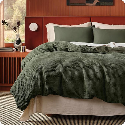 Bedsure Cotton Duvet Cover Queen Size - 100% Cotton Waffle Weave Olive Green Duvet Cover, PureWoven Textured Breathable Bedding Comforter Cover for All Season, 1 Duvet Cover Only 90"x90"