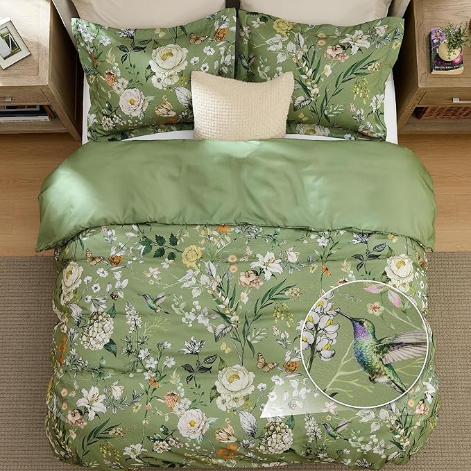 Bedsure Duvet Cover Queen Size - Reversible Green Floral&Bird Duvet Cover Set with Zipper Closure, 3 Pieces Mistletoe Bedding Set with 8 Corner Ties and 2 Pillow Shams 20"x26"