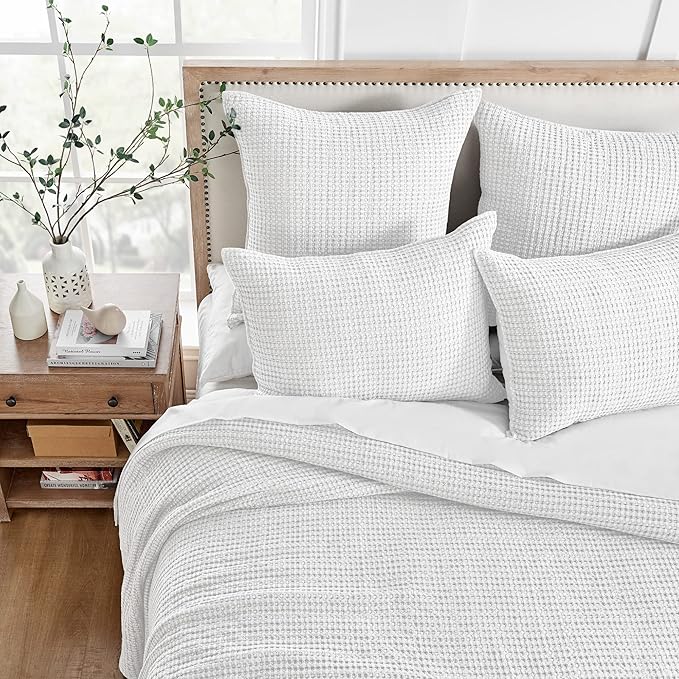 Levtex Home Mills Waffle Full Bedspread Set (100x104in) with 2 Pillow Shams (26x20in) - Bright White - 100% Cotton Full Size Bedspread Set - Lightweight, Soft, Pre-Washed
