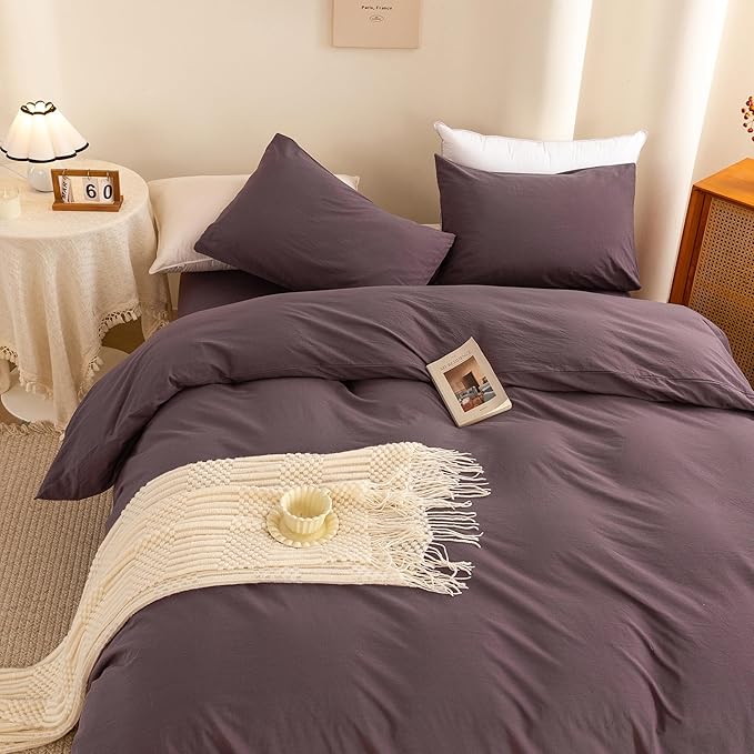 ECOCOTT Purple Duvet Cover Full Size - 100% Washed Cotton Durable Soft Comfy Duvet Cover Set, 3 Pieces Duvet Cover with Zipper Closure (Purple, 80''x90'')