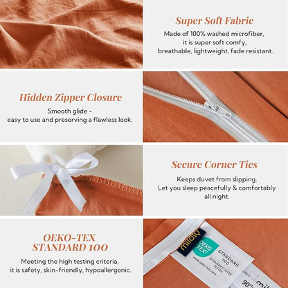 MILDLY Super Soft Duvet Cover 2pcs - 100% Washed Microfiber Rust Comforter Cover Set with Zipper Closure & Corner Ties (No Comforter)