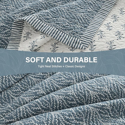 SahSahCasa Quilt Set Queen Size, 100% Cotton Quilt Bedding Set Bedspread, Botanical Pattern Solid Color Chic Lightweight Quilted Comforter for Queen Bed, White/Grayish-Blue, All Season, 3 Pieces